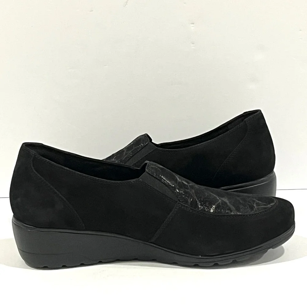 Mephisto Mobils Leather Metallic Accent Wedge Slip On Loafers Women 10US EUR 7.5